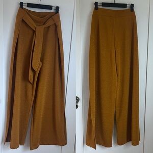 🪅Anthropologie Gold High Rise Waist Wide Leg Belted Knit Pants XL